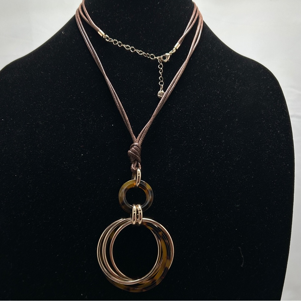 Vida, Long Silk Cord Necklace With Tortoise Shell And Gold Rings Pendant